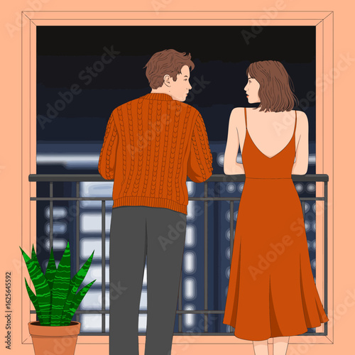 A couple gazes out at illuminated city lights from their balcony during the night, symbolizing love and connection in a beautifully designed urban setting.