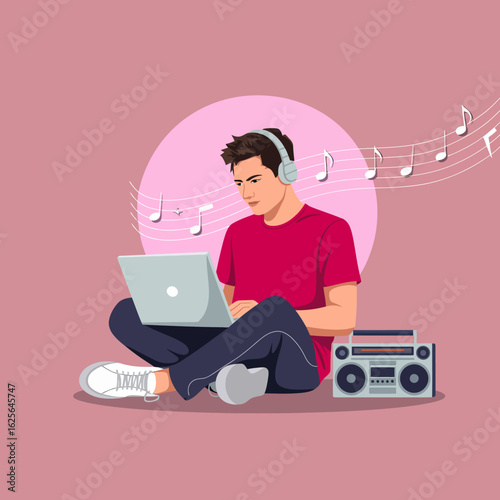 A relaxed young man, wearing headphones, types on his laptop while surrounded by musical notes, illustrating his creative immersion, with a boombox enhancing the atmosphere.
