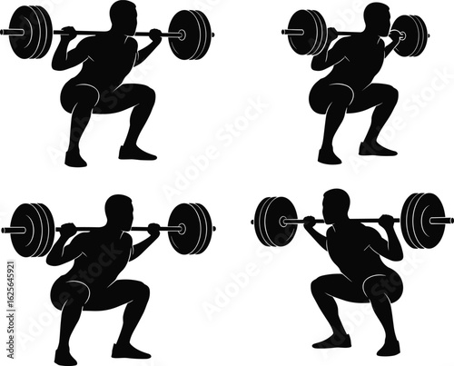 Squat exercise pose pack, black barbell silhouette icon set, isolated gym movement stages, cad drawing, fitness vector, workout illustration
