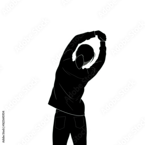 Black silhouette of a person performing a side body stretch with arms raised.