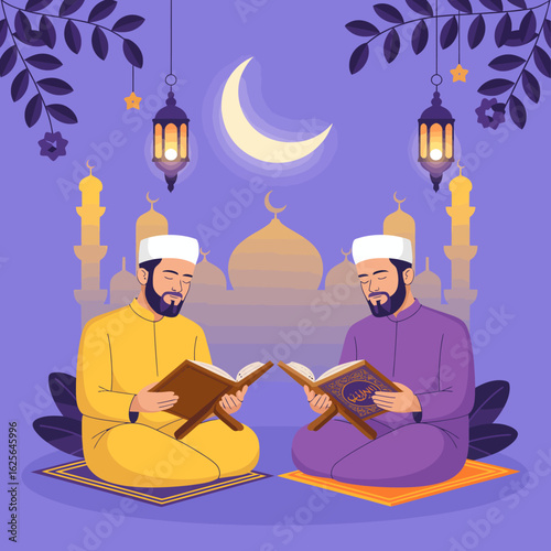 Two men read sacred texts together, cultivating spirituality and knowledge under a peaceful evening glow, surrounded by beautiful architectural elements during Ramadan.