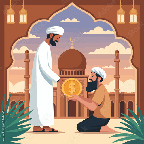 Two individuals engage in a meaningful exchange of wealth in a beautifully illustrated historical setting, highlighting themes of sharing and generosity in a cultural context.