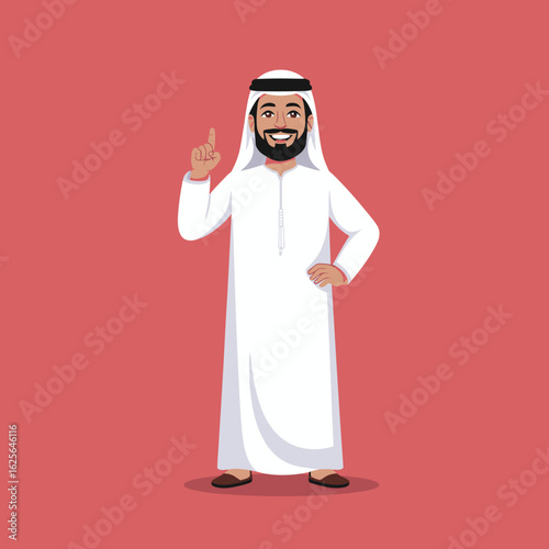 A confident man dressed in traditional attire stands with a firm posture, showcasing self-assurance while his friendly smile creates an inviting and engaging atmosphere.