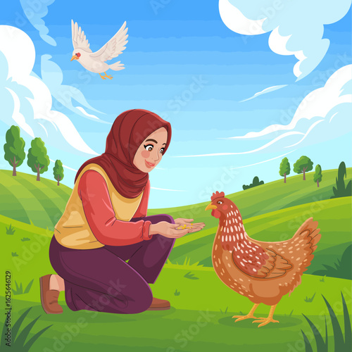 A young woman is kneeling outdoors under a sunny sky while feeding a hen, showcasing the simple joys of life, nurturing animals, and the beauty of nature.