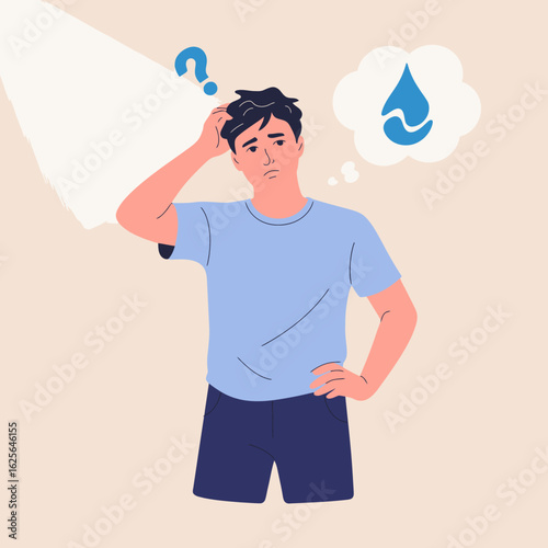 This image depicts a contemplative young man with a puzzled expression as he considers a water-related mystery, characterized by an introspective mood against a soft background.