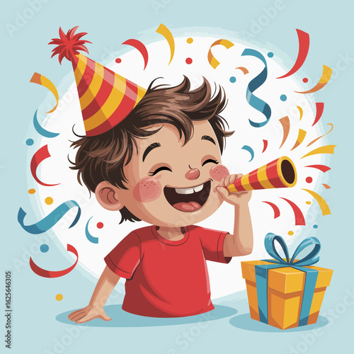 A cheerful boy in a red shirt, party hat and surrounded by colorful confetti and a gift box, radiates pure joy and happiness, reflecting the spirit of childhood celebrations.