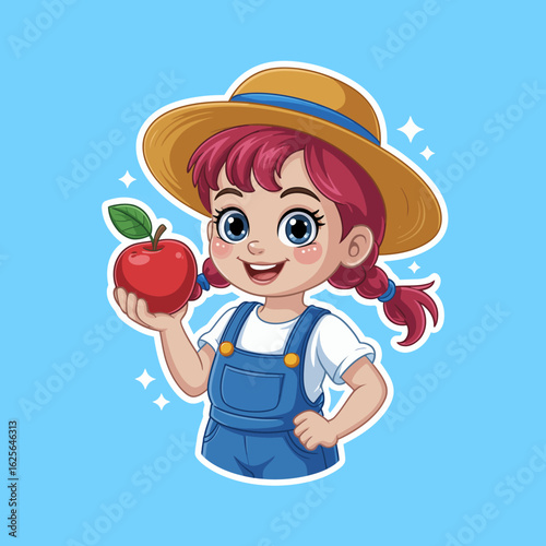 A happy child in a straw hat proudly holds a shiny red apple, embodying the spirit of youth and the joy found in simple pleasures against a bright blue backdrop.