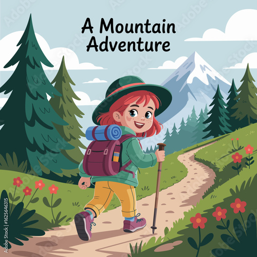 An enthusiastic girl embarks on a mountain adventure amidst a colorful landscape, showcasing her love for nature and the thrill of discovery on a picturesque hiking path.