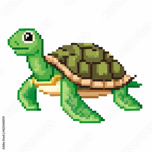 Pixelated Turtle Illustration with Green Shell and Body in Retro Gaming Style