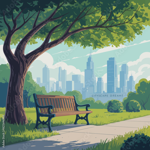 A serene view of a rustic bench nestled under a broad tree, with a dazzling city skyline shimmering in the background, inspiring dreams of city living and nature's embrace.