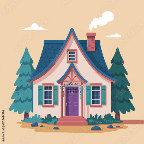 A uniquely designed house with a blooming garden, surrounded by trees, promoting a feeling of tranquility, inviting you to enjoy a serene lifestyle immersed in nature's beauty.