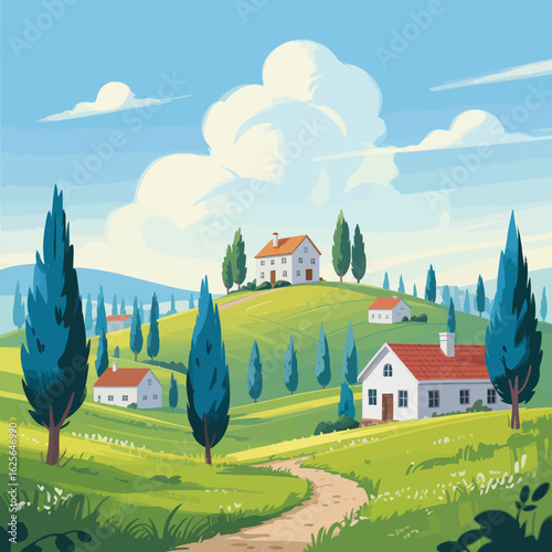 This vibrant image showcases a charming village scene with several homes perched on rolling hills, emphasizing the beauty and tranquility of rural living.