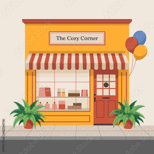The image showcases a welcoming storefront named 'The Cozy Corner,' adorned with products and balloons, embodying a friendly atmosphere that attracts customers happily.
