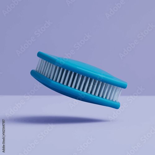 This elegant blue grooming brush is artistically levitating above a matching surface, showcasing its unique design features while emphasizing its practicality for daily grooming tasks.