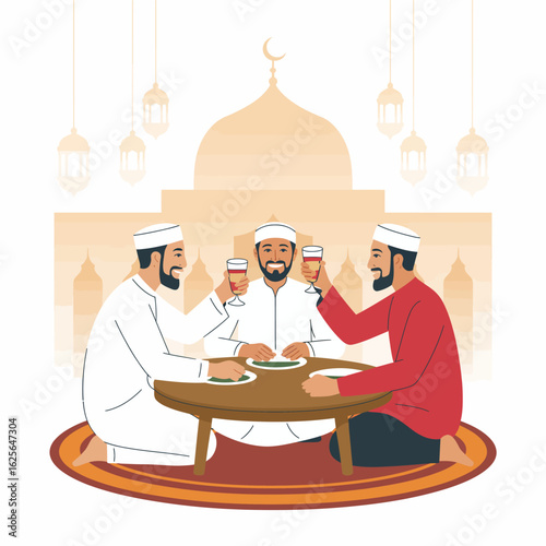 Three friends cheerfully toast during a meal at a charming table, capturing the essence of camaraderie and celebration in a beautifully designed space with traditional elements.
