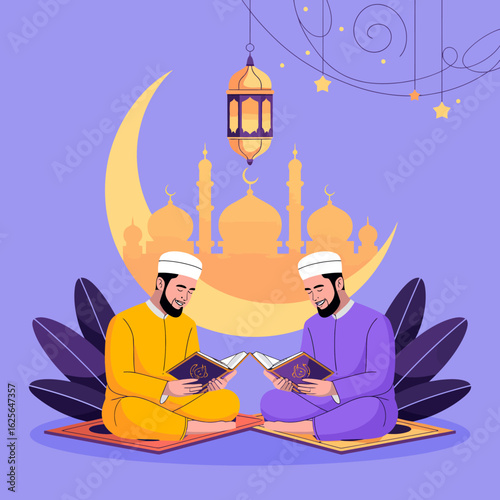 Amidst a tranquil atmosphere, two men read religious books, symbolizing the pursuit of spiritual knowledge and the essence of Ramadan under the crescent moon.