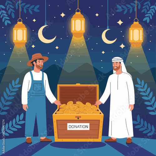 This illustration depicts two men joyfully presenting a chest full of coins labeled 'Donation,' set against a beautifully illustrated night sky with lanterns and mountains.