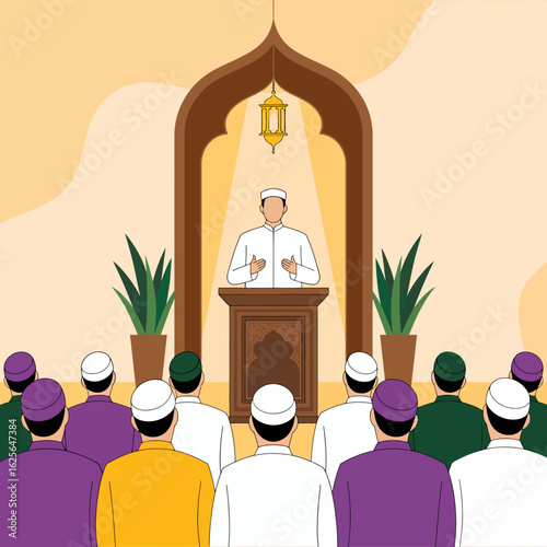 A congregation gathers in a mosque setting, listening intently as a speaker delivers a sermon, embodying community, faith, and spirituality in a harmonious atmosphere.