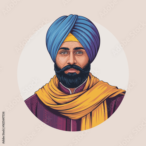 This image captures a Sikh man's cultural essence through a beautifully detailed portrait, showcasing his traditional blue turban and yellow scarf with style and elegance.