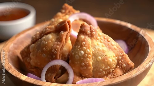 Image is a close-up, high-resolution photograph of a wooden bowl containing three golden-brown, crispy samosas. The samosas are arranged in a triangular formation, showcasing their flaky, textured pas