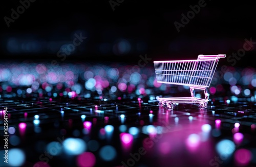 Neon shopping cart on a digital grid
