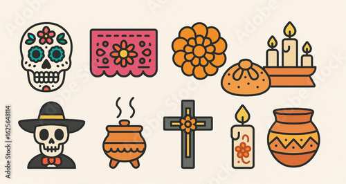 Día de Muertos Coloring Icons, Flat Vector Set of Mexican Traditions