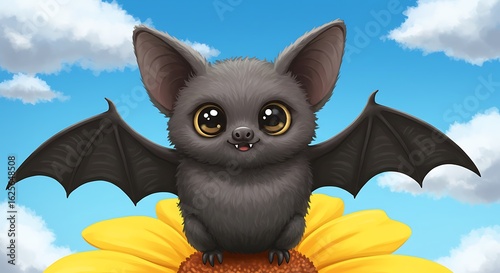 Cartoon bat smiling on blue flower field