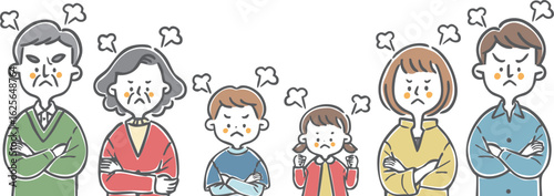 怒っている家族三世帯　上半身　ベクター
