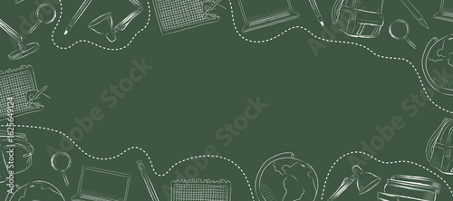 Cartoon vector illustration of a blackboard background with white chalk doodles of school items. Clip art for educational content, event posters and classroom visuals