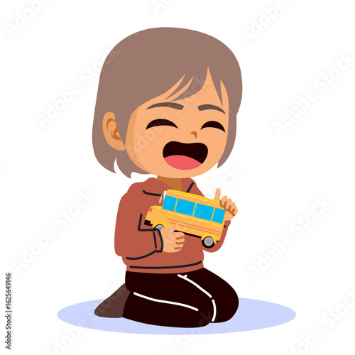 Cartoon vector illustration of a young boy holding a toy bus. Clip art for childhood, education and playtime