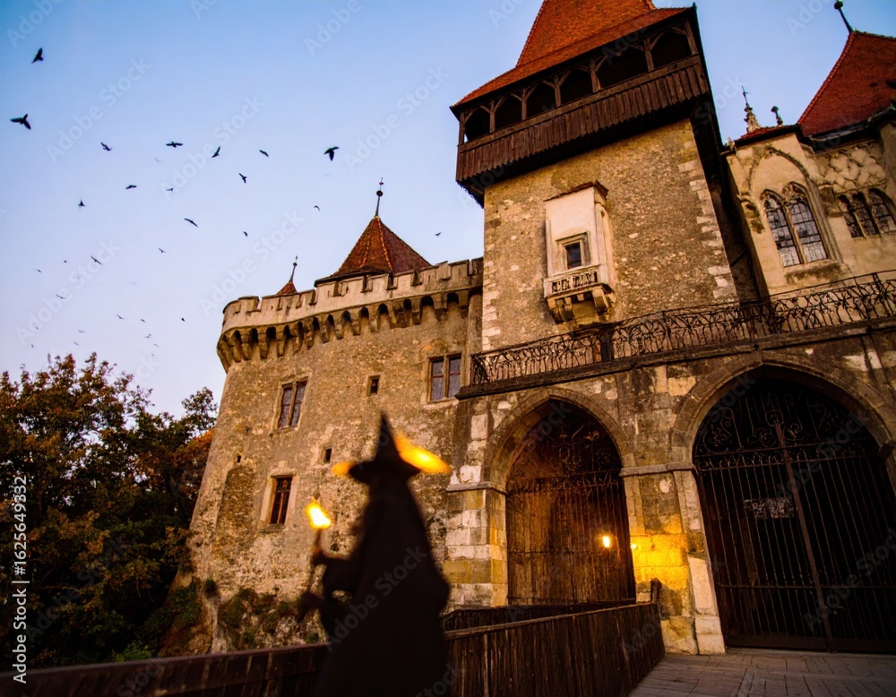 Fototapeta premium Corvin Castle at dusk with a silhouetted figure holding a torch and birds flying