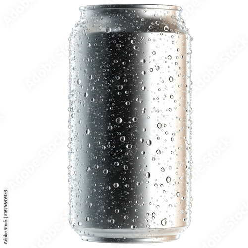 Chilled silver aluminum beverage can covered in glistening condensation water droplets.
