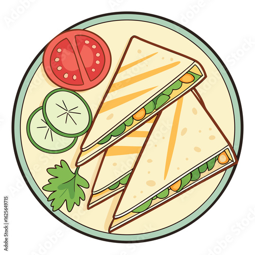 Triangle cut sandwiches with cucumber slices and tomato are seen on plate