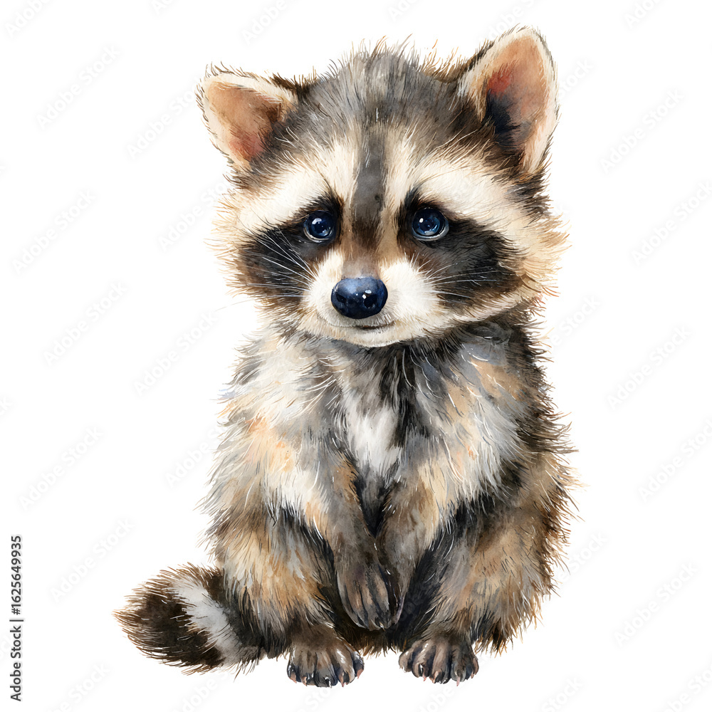 Fototapeta premium Adorable raccoon watercolor portrait for nursery art and playful animal illustrations, delightful and charming
