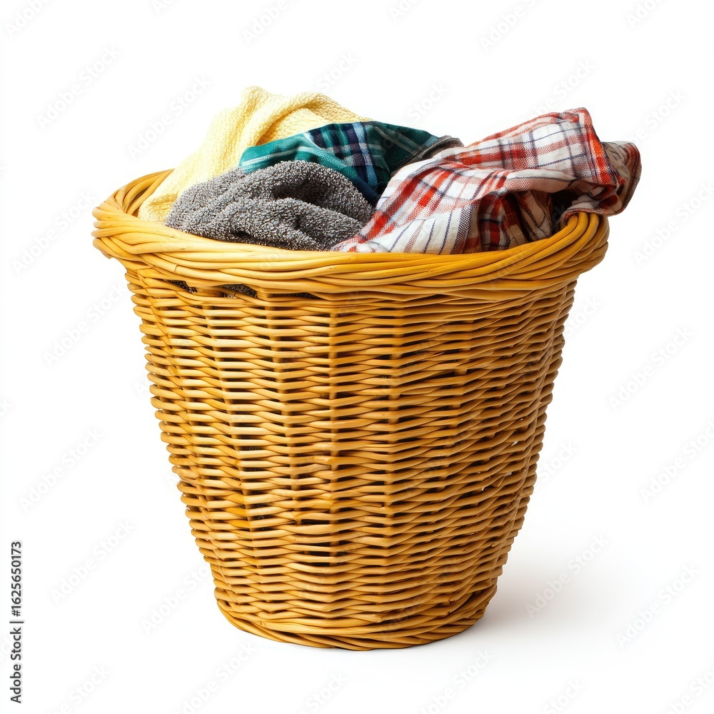 Obraz premium Wicker laundry basket filled with assorted clothes