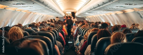 Airplane Cabin Interior with Passengers Sitting, Standing, and Walking Between Aisles, Capturing Realistic In-Flight Travel Experience