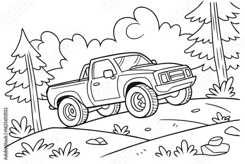 Vector Cartoon funny Pickup Truck, funny image in the forest, Coloring book page for children. Line Art isolated on white background
