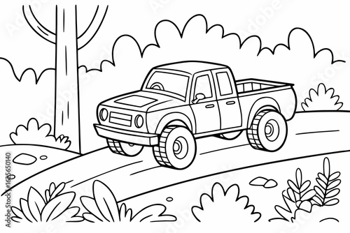 Vector Cartoon funny Pickup Truck, funny image in the forest, Coloring book page for children. Line Art isolated on white background