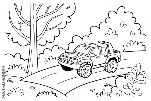 Vector Cartoon funny Pickup Truck, funny image in the forest, Coloring book page for children. Line Art isolated on white background