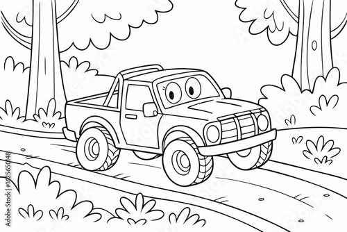 Vector Cartoon funny Pickup Truck, funny image in the forest, Coloring book page for children. Line Art isolated on white background