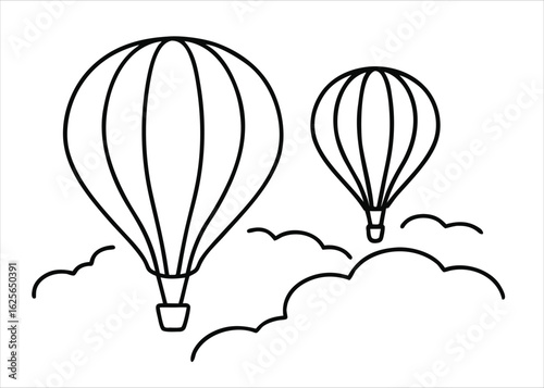 Artistic depiction of vibrant hot air balloons gracefully ascending into a clear sky presented as a continuous line drawing for signage and decorative purposes