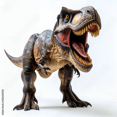 Ferocious tyrannosaurus rex showcasing formidable teeth and detailed skin on white background