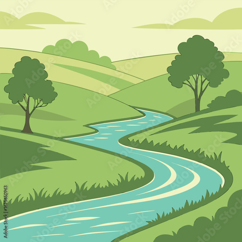A blue river winds serenely through green hills, dotted with trees and light clouds