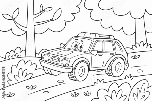 Vector Cartoon funny Race Support Car, funny image in the forest, Coloring book page for children. Line Art isolated on white background