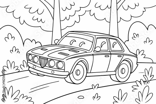 Vector Cartoon funny Race Support Car, funny image in the forest, Coloring book page for children. Line Art isolated on white background