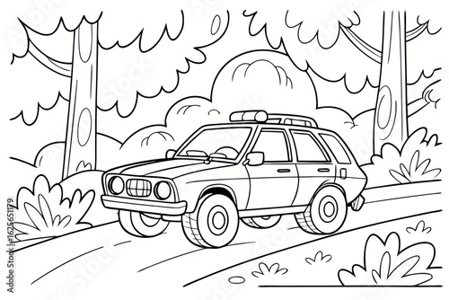 Vector Cartoon funny Race Support Car, funny image in the forest, Coloring book page for children. Line Art isolated on white background