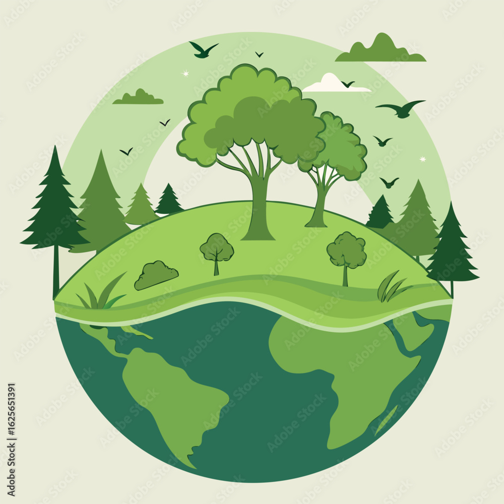 Naklejka premium A green Earth illustration showcases trees, birds, hills, and continents in a simple design