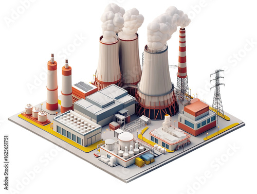 Model of a nuclear power plant with cooling towers isolated on white background