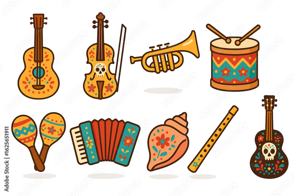 Obraz premium Día de Muertos Musical Instruments Coloring Icons, Flat Vector Set