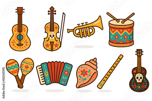 Día de Muertos Musical Instruments Coloring Icons, Flat Vector Set